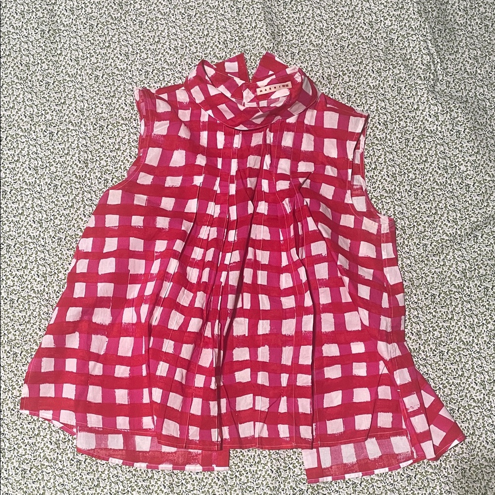 Marni Uniqlo Red and White Checkered Pleated Top S